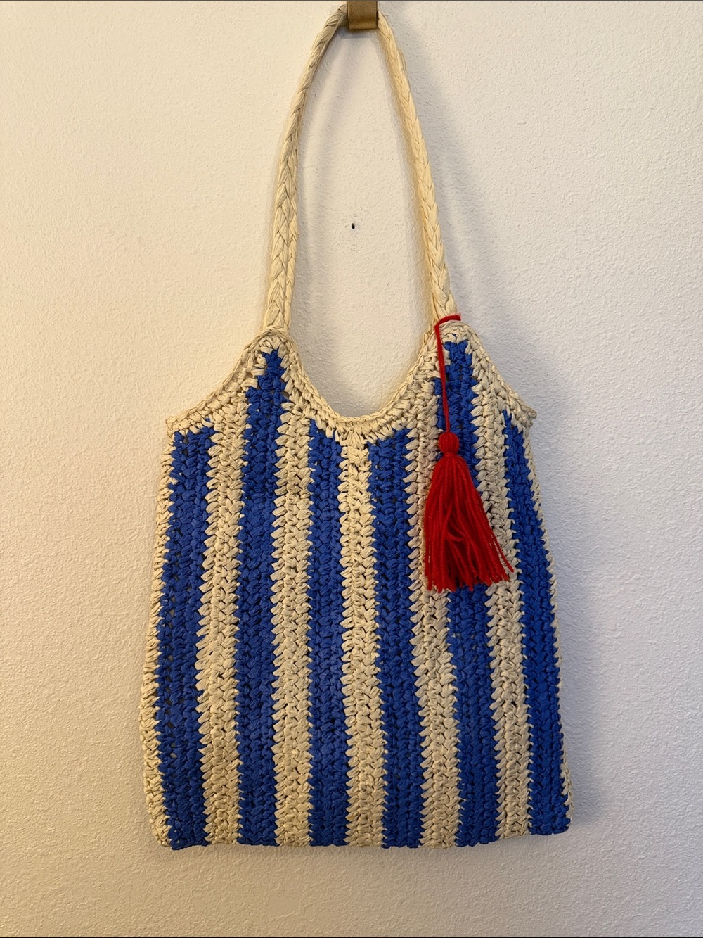 Handwoven Blue and Cream Stripe Tote with Red Tassel
